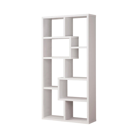 Angled view of Theo 10-Shelf White Bookcase