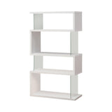 Emelle 4-tier white and clear bookcase side view showing tempered glass panels