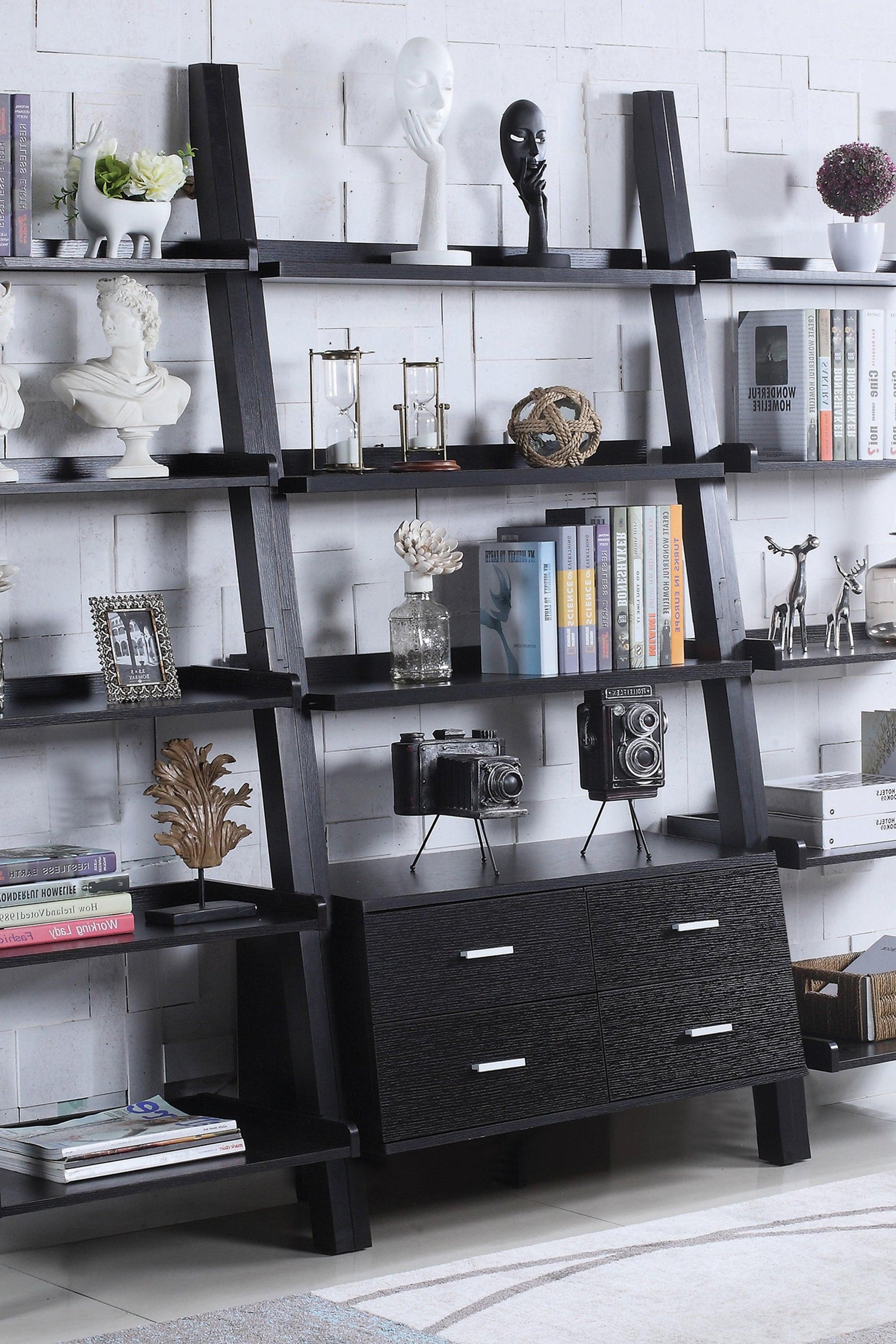 Side angle showing shelves and drawers on Colella Ladder Bookcase