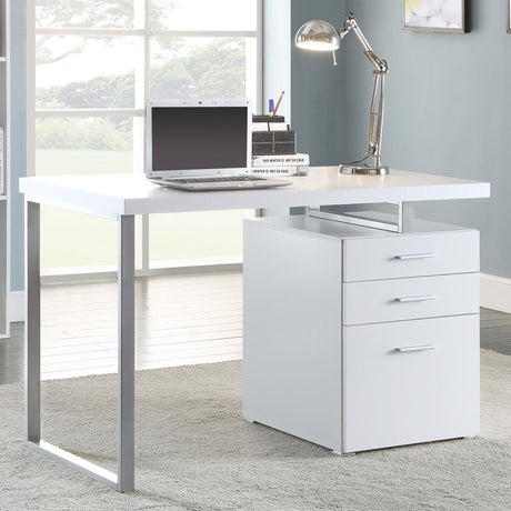 Brennan office desk white grey silver angled view