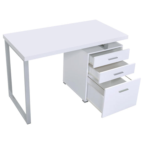 Brennan office desk white grey silver side view