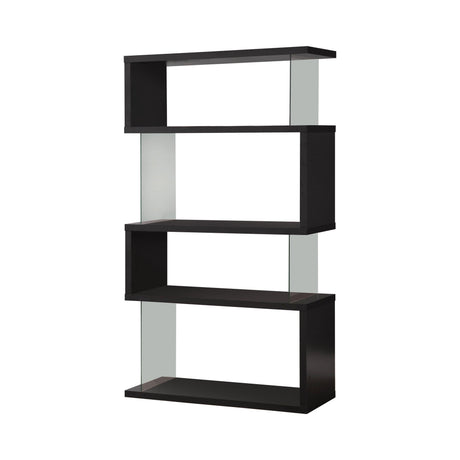 Emelle 4-tier bookcase black finish angled view highlighting tempered glass side panels