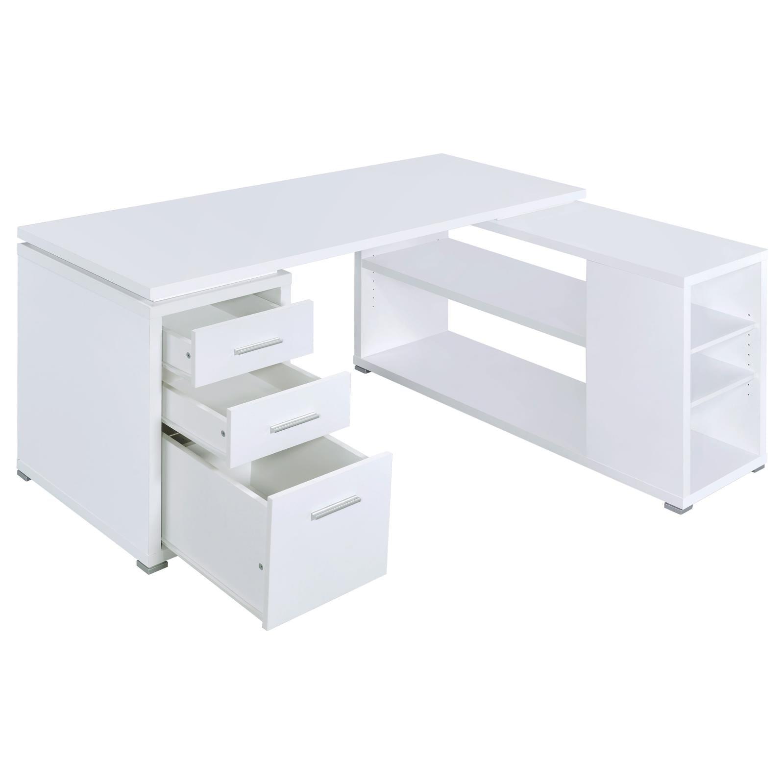 Yvette White L-shape Office Desk showing drawers open