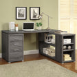 Yvette Natural Grey L-shape Office Desk front view showing drawers and shelves