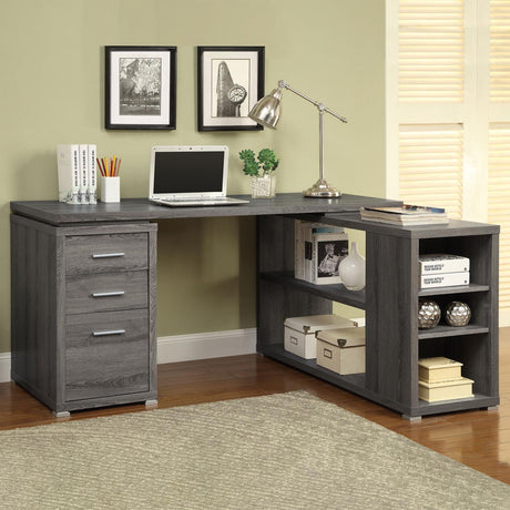 Yvette Natural Grey L-shape Office Desk front view showing drawers and shelves