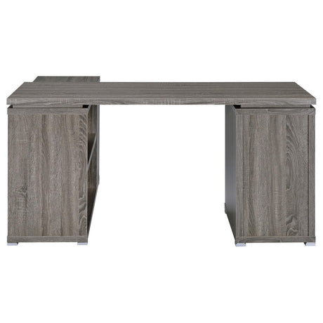 Yvette Natural Grey L-shape Office Desk with office chair in workspace
