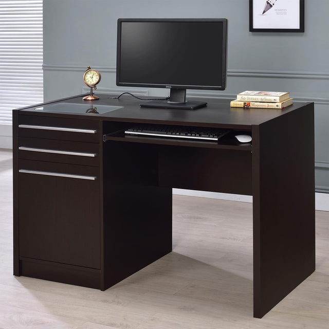 Halston Deep Cappuccino Connect-It Office Desk front angle with glass top
