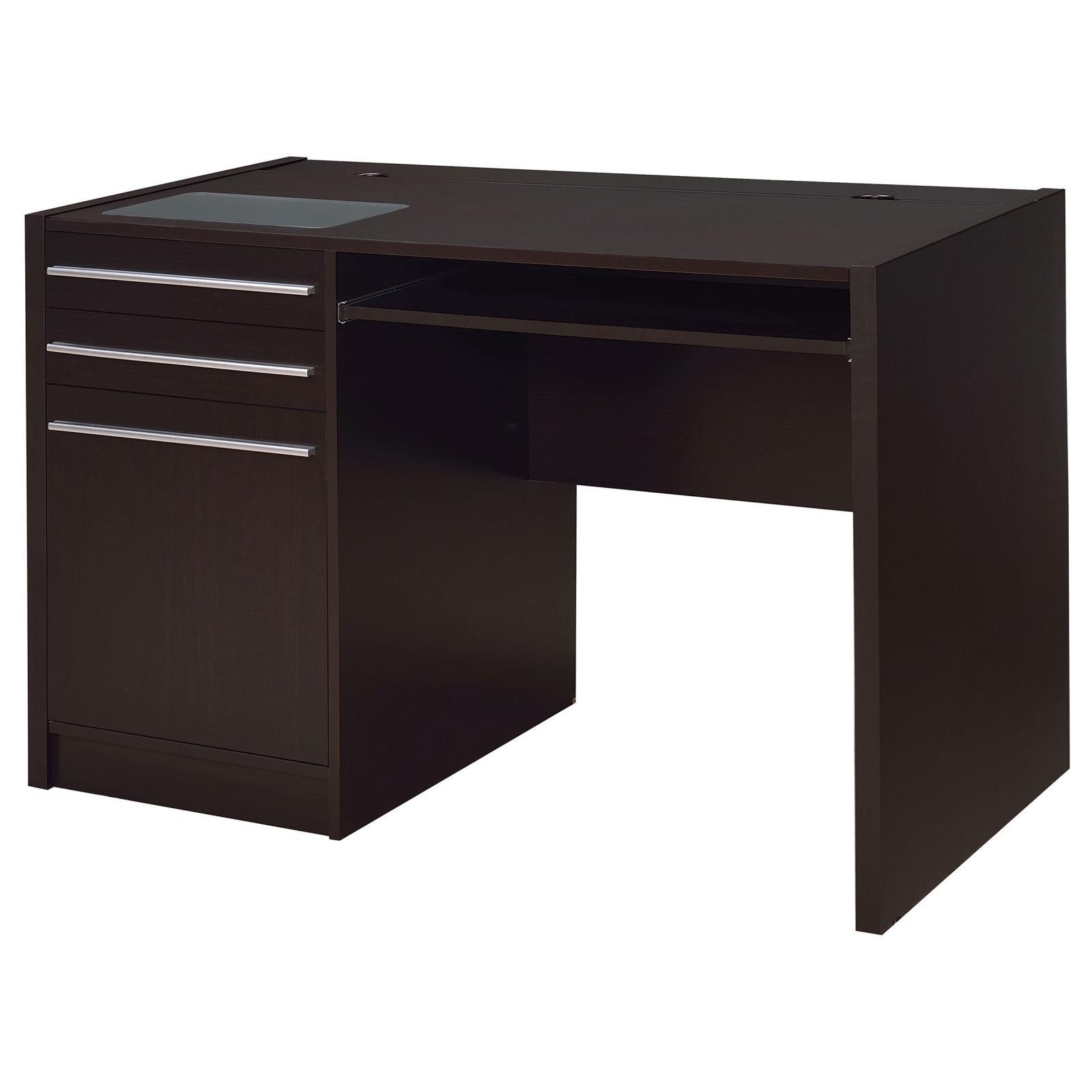 Close-up of Halston desk tempered glass insert and drawers
