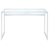 Hartford Chrome Glass Top Writing Desk - detail of metal frame and plastic glides