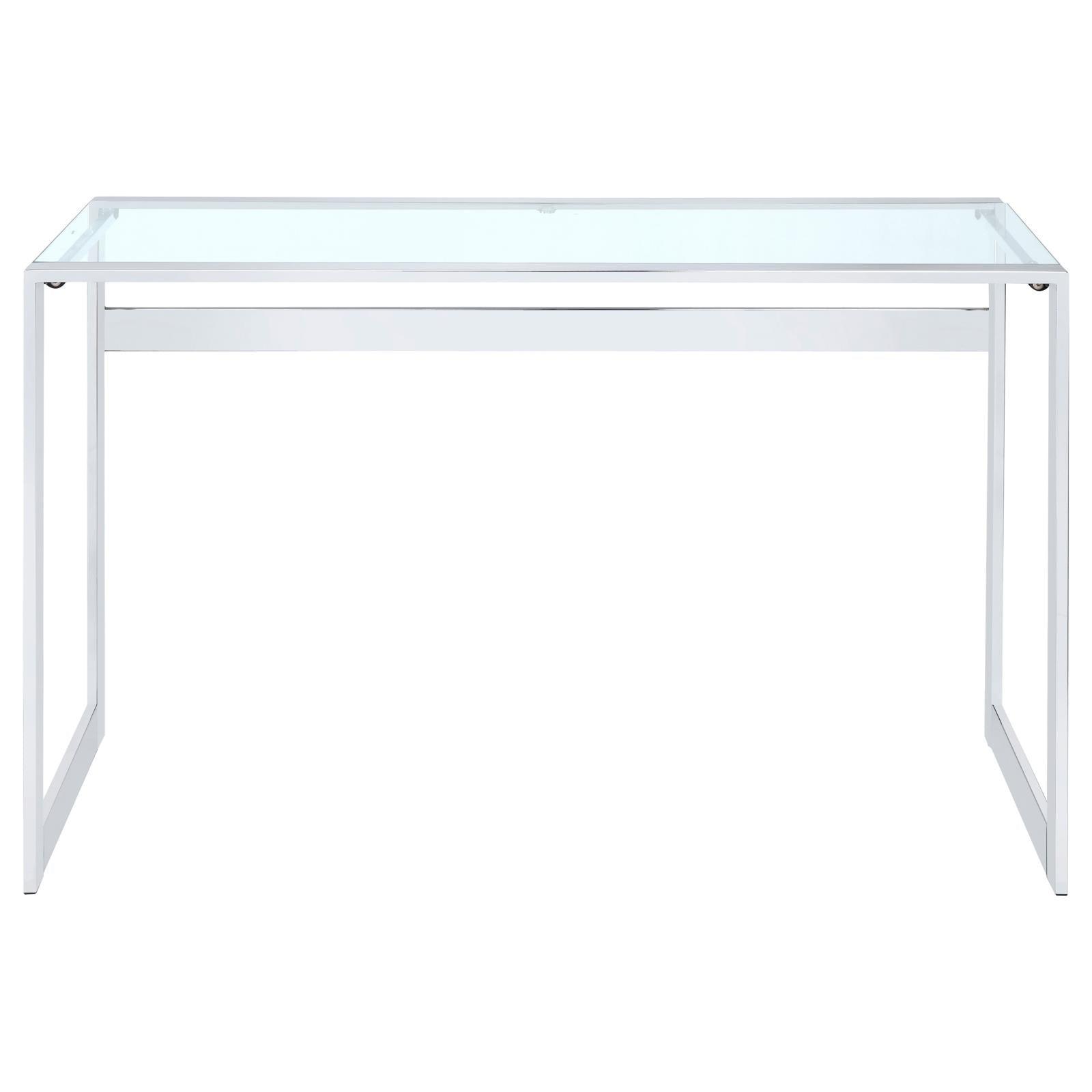 Hartford Chrome Glass Top Writing Desk - detail of metal frame and plastic glides