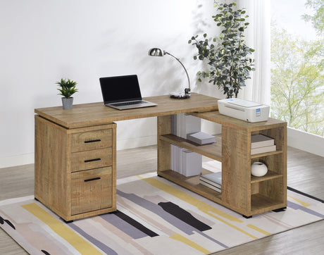 Close-up of drawer fronts on Yvette L-Shape Desk in mango finish