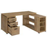 Side view of Yvette L-shape desk showcasing open shelves and cubbies