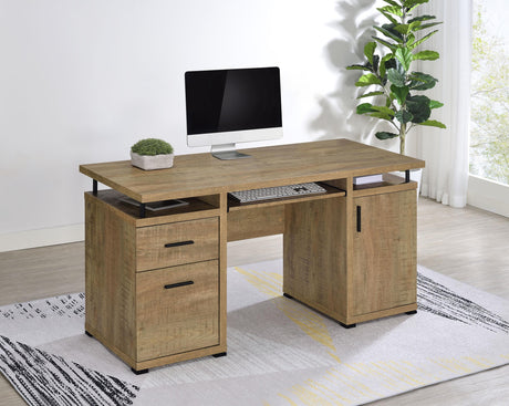 Side angle of Tracy mango finish office desk showing drawers and open shelving