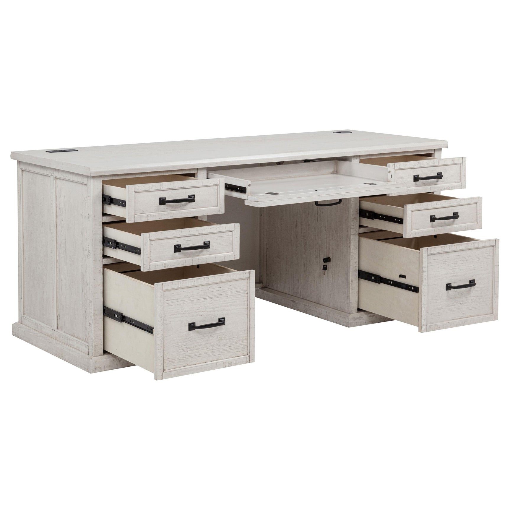 Side angle showing distressed white finish and drawer details