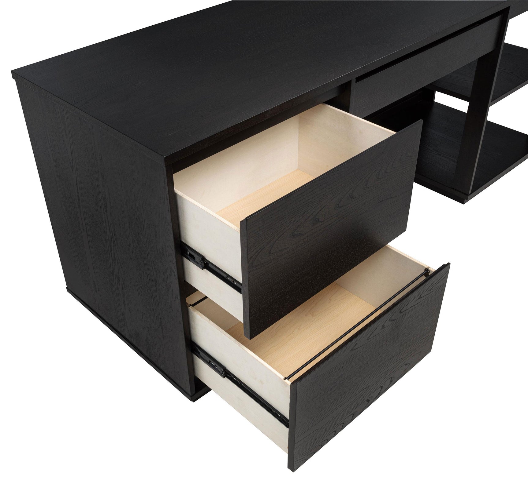 Close-up of drawer and wood grain on Harkes coffee bean desk