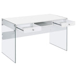 Close-up of tempered glass base on Dobrev desk