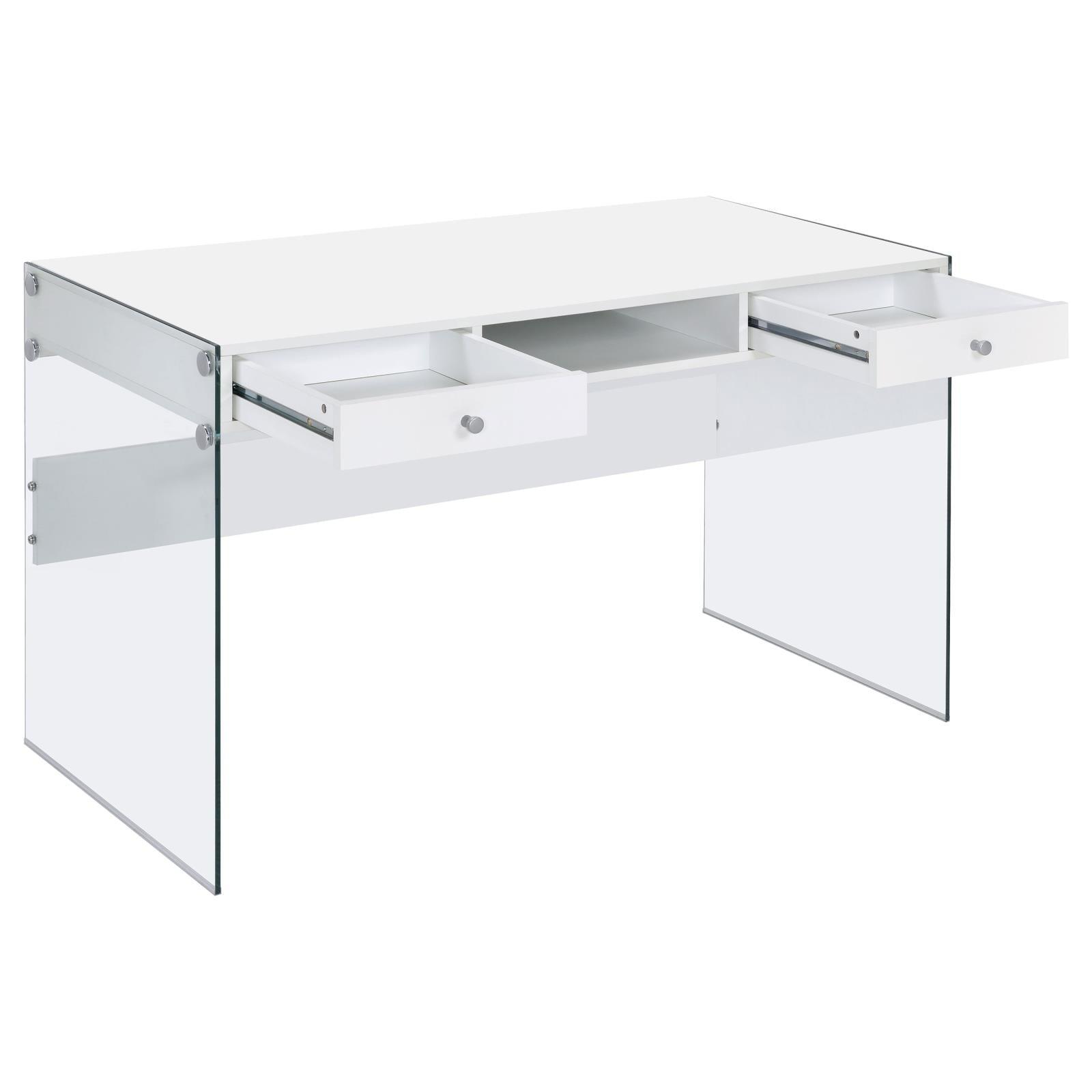 Close-up of tempered glass base on Dobrev desk