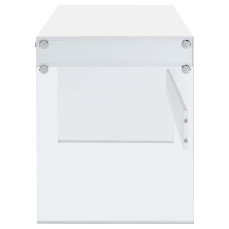Dobrev Desk drawers opened showing storage