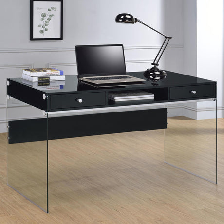 Dobrev Black Writing Desk with glass panels, angled front view