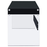 Glossy black surface of Dobrev Writing Desk with clear glass base