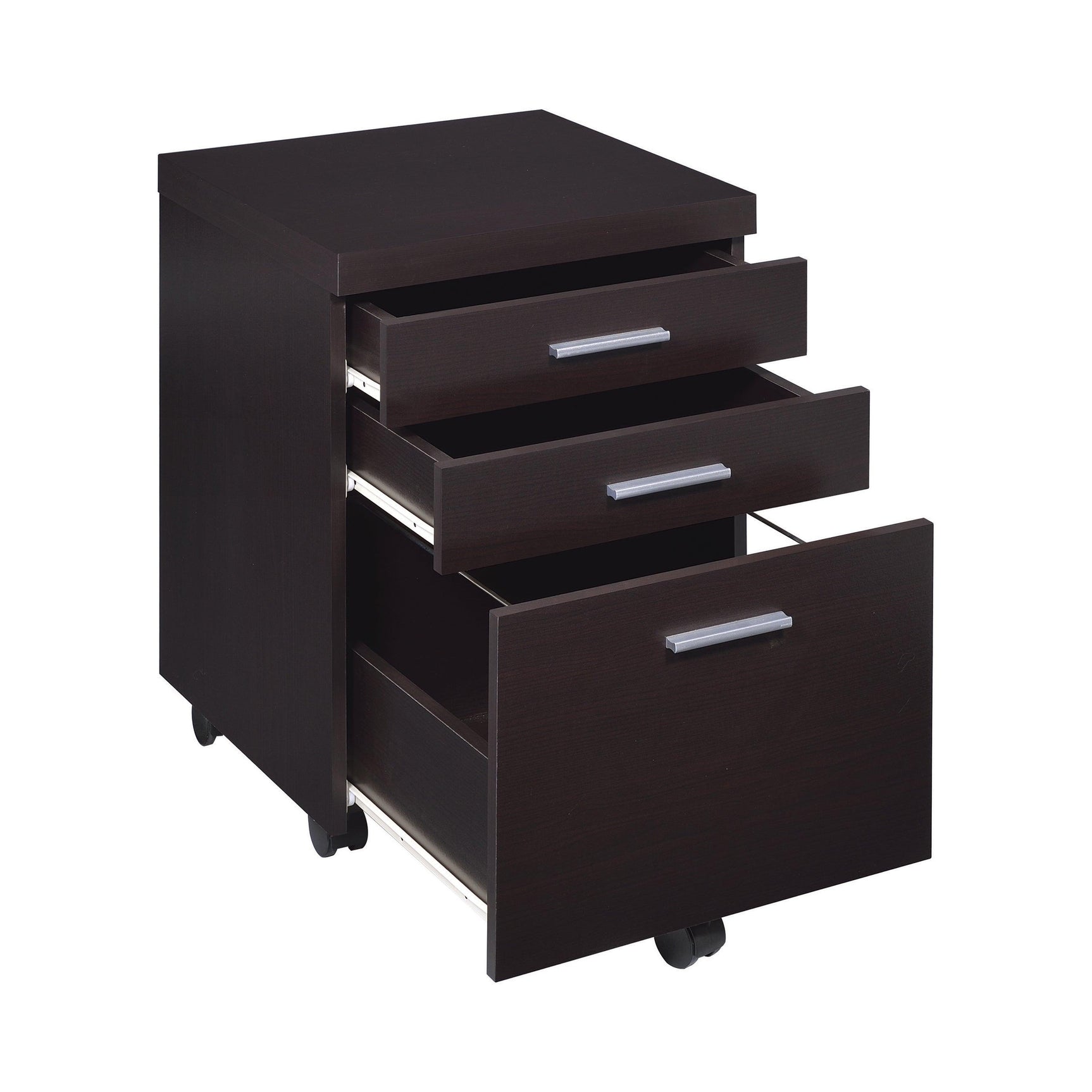 Skylar bookcase showing drawer interior and Euro glide mechanism