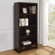 Skylar cappuccino bookcase angled front view showing shelves and drawer