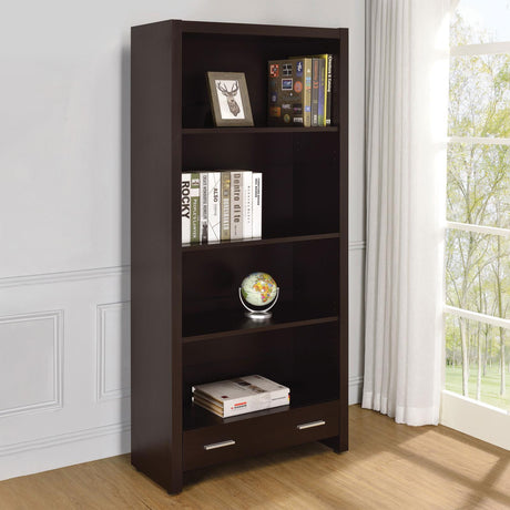 Skylar cappuccino bookcase angled front view showing shelves and drawer