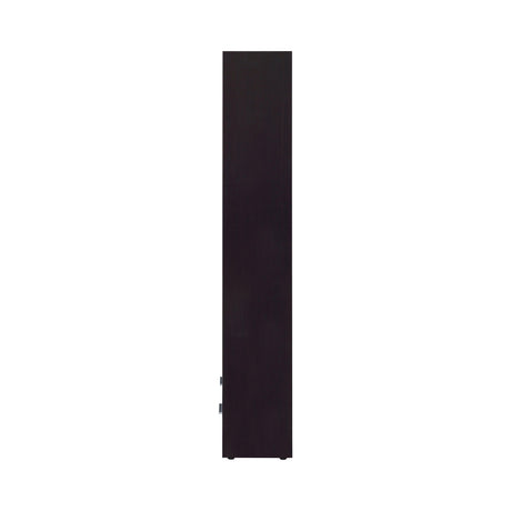 Top shelves of Skylar cappuccino bookcase with adjustable shelving