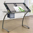 Melo Champagne Drafting Desk front angle showing glass top and drawers
