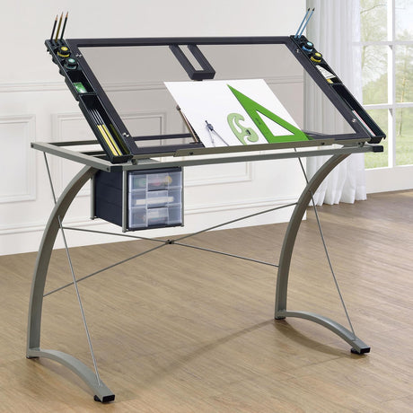 Melo Champagne Drafting Desk front angle showing glass top and drawers
