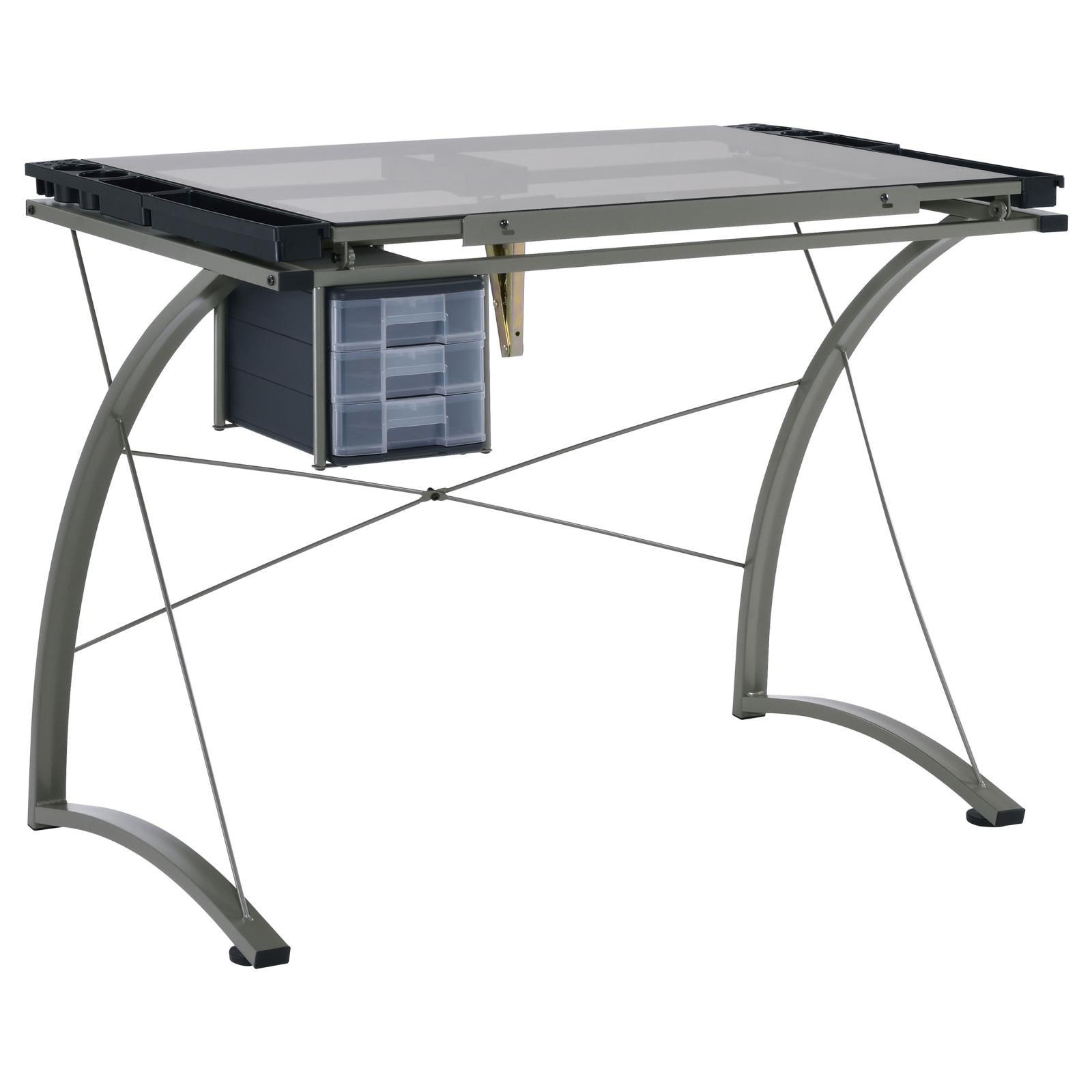Close-up of champagne steel frame of Melo Drafting Desk