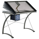 Top view of smoke tempered glass surface on Melo Drafting Desk