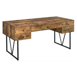 Desk side view showing metal geometric base