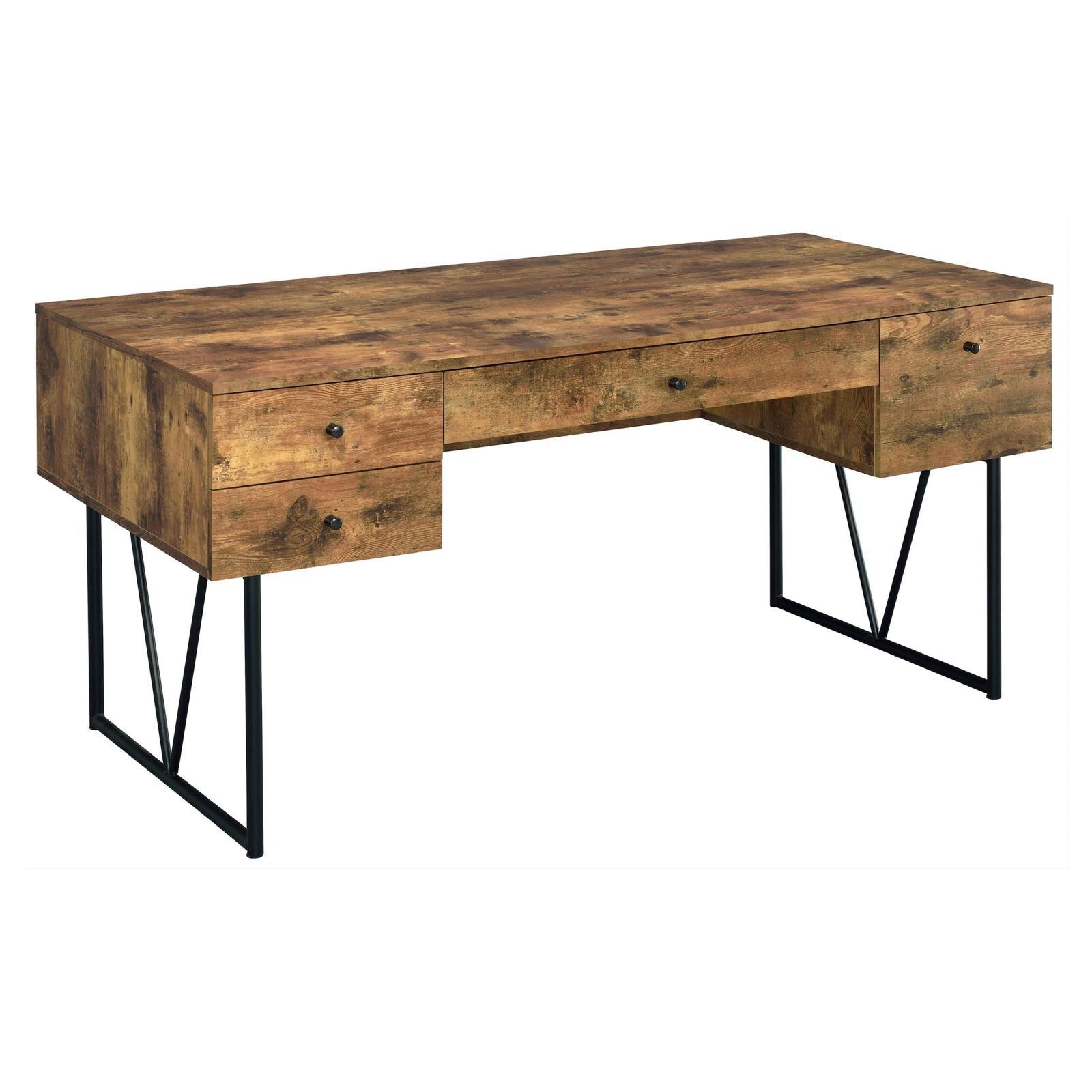 Desk side view showing metal geometric base