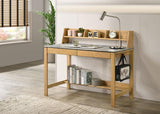 Desk side angle showing drawer and shelf