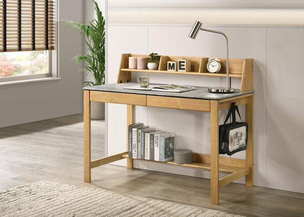 Desk side angle showing drawer and shelf
