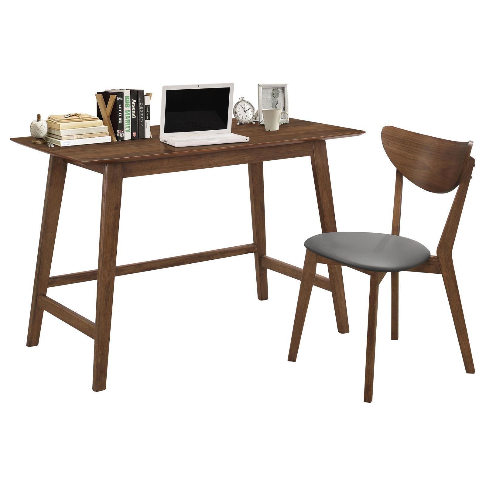 Writing desk with drawers and slanted legs in walnut finish