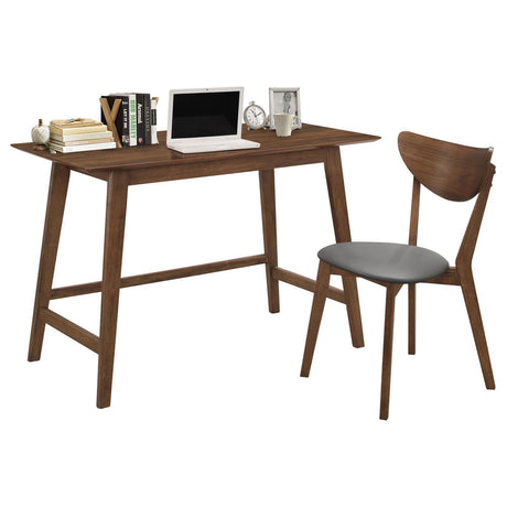 Writing desk with drawers and slanted legs in walnut finish