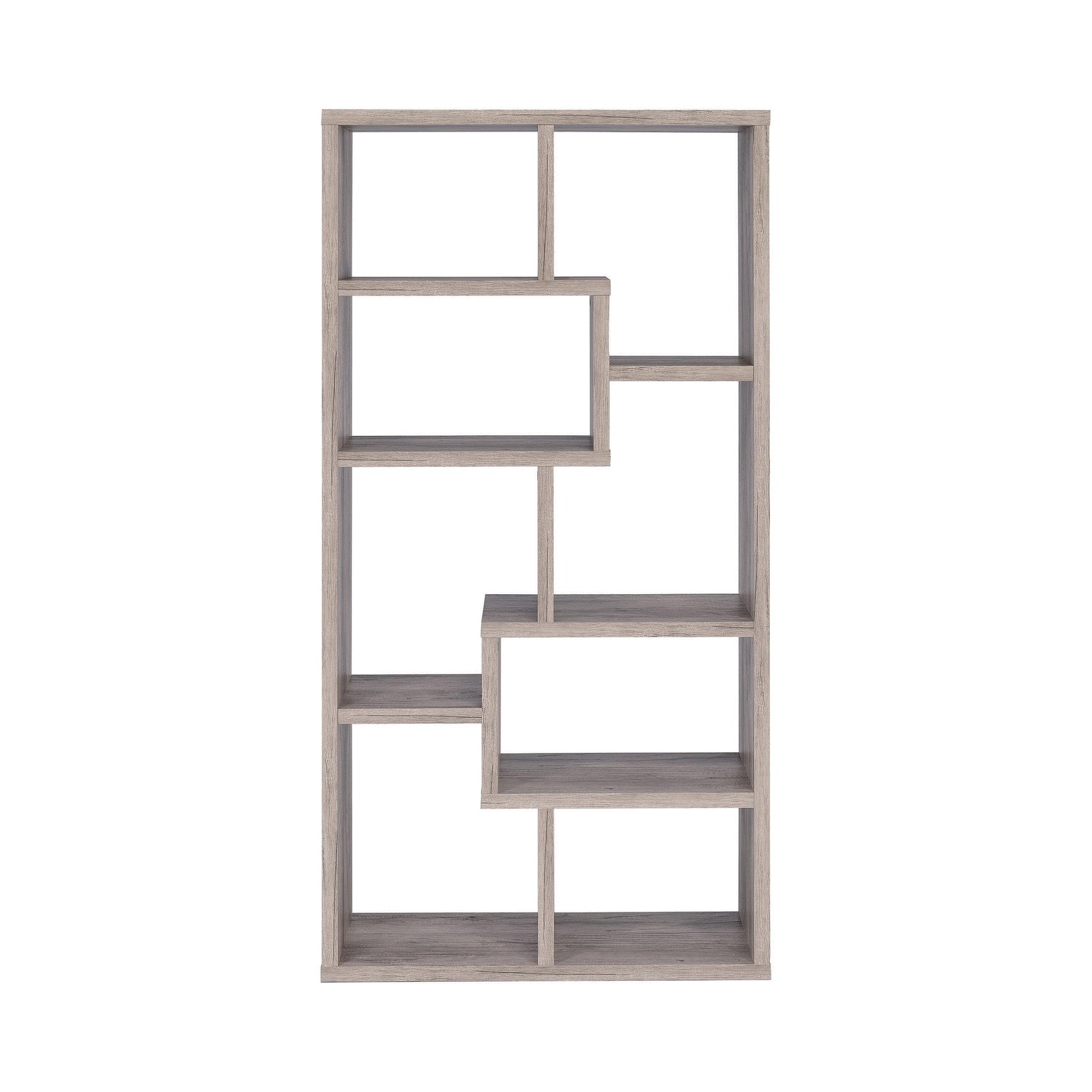 Side view of Theo grey driftwood 10-Shelf Bookcase