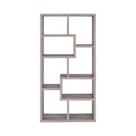 Side view of Theo grey driftwood 10-Shelf Bookcase