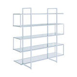 Close-up of tempered glass shelves and chrome frame