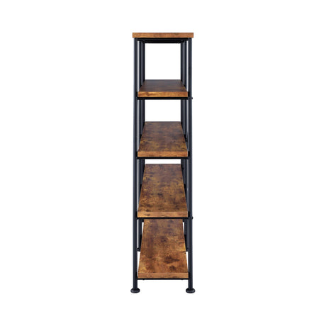 Close-up of antique nutmeg finish and metal details on Analiese bookcase