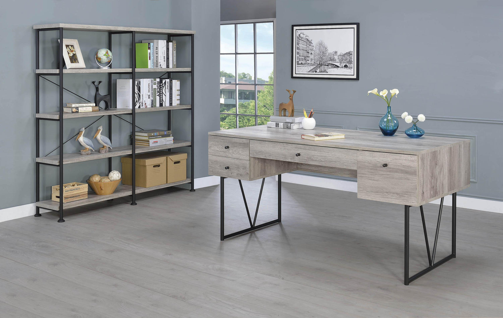 Side view of Analiese 4-Shelf Open Bookcase in Grey Driftwood