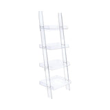 Close-up of clear acrylic shelves and frame of Amaturo bookcase