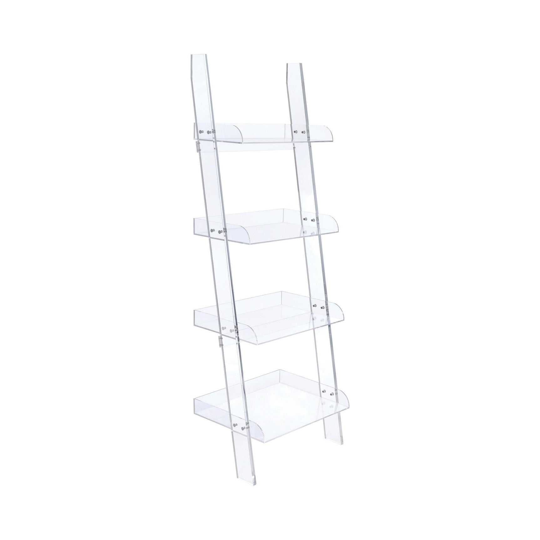 Close-up of clear acrylic shelves and frame of Amaturo bookcase
