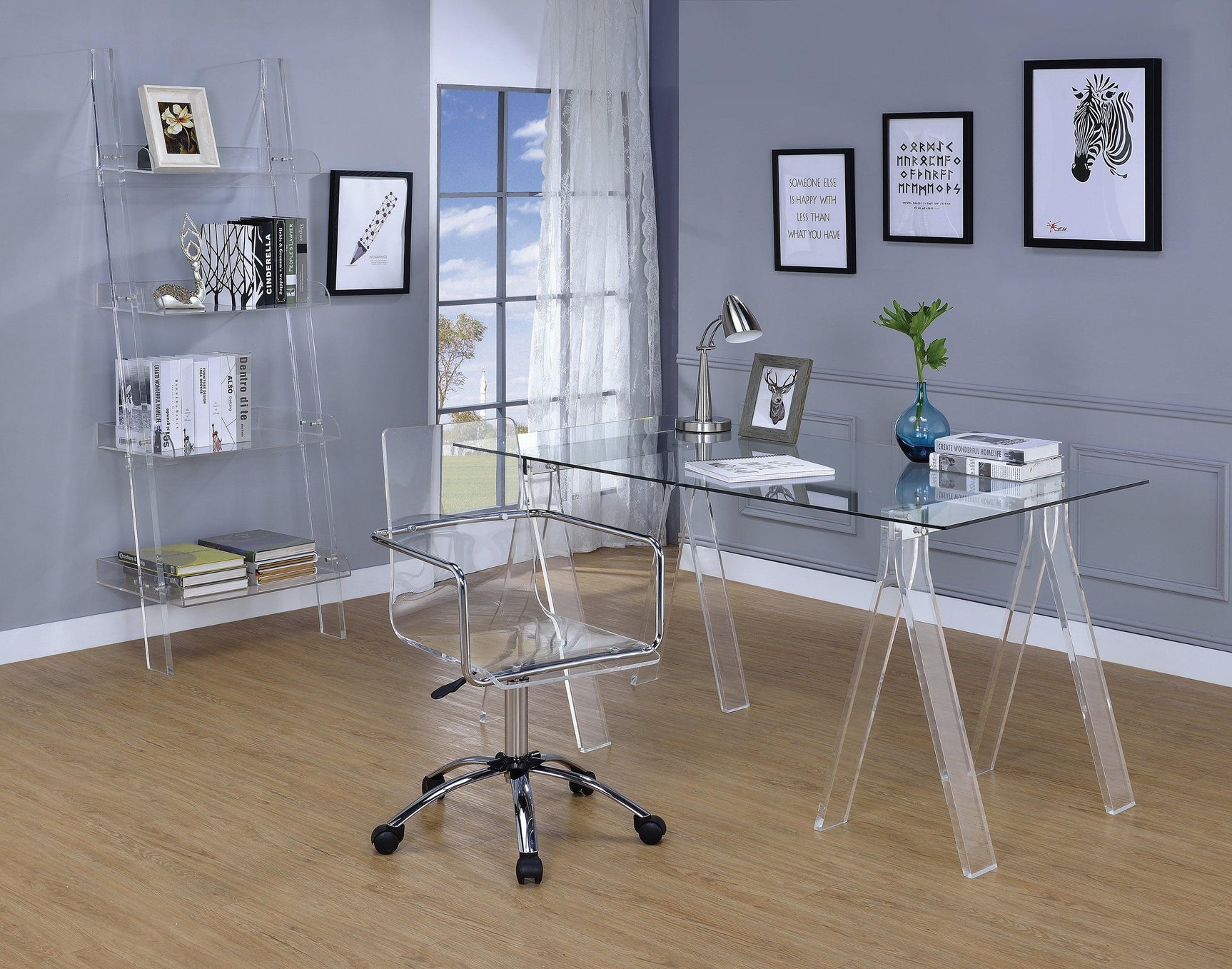 Amaturo bookcase angled side view showing slanted clear shelves
