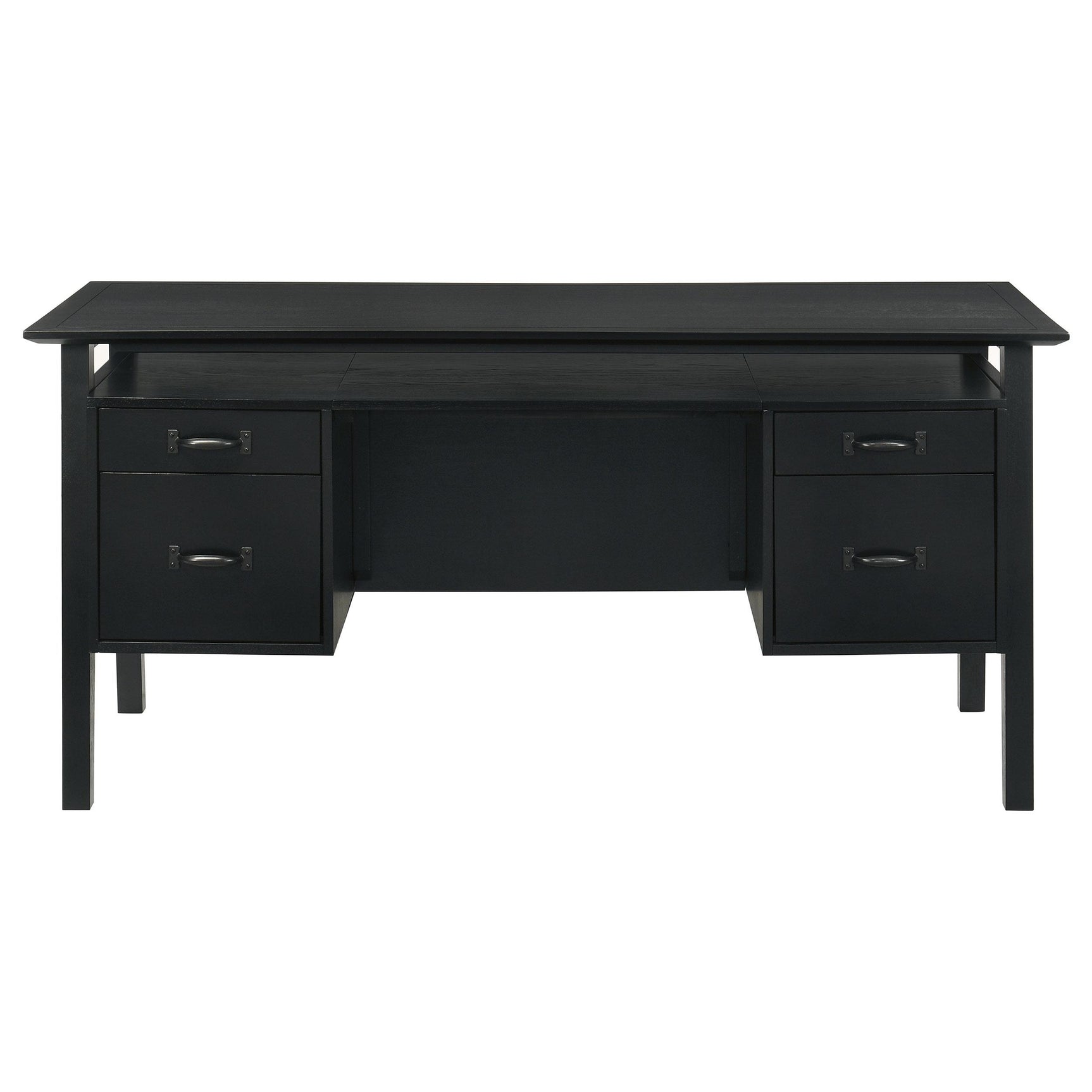 Close-up of dark bronze drawer pulls on Goodson desk