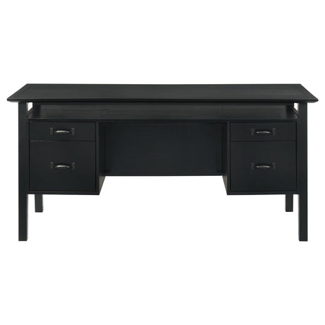 Close-up of dark bronze drawer pulls on Goodson desk