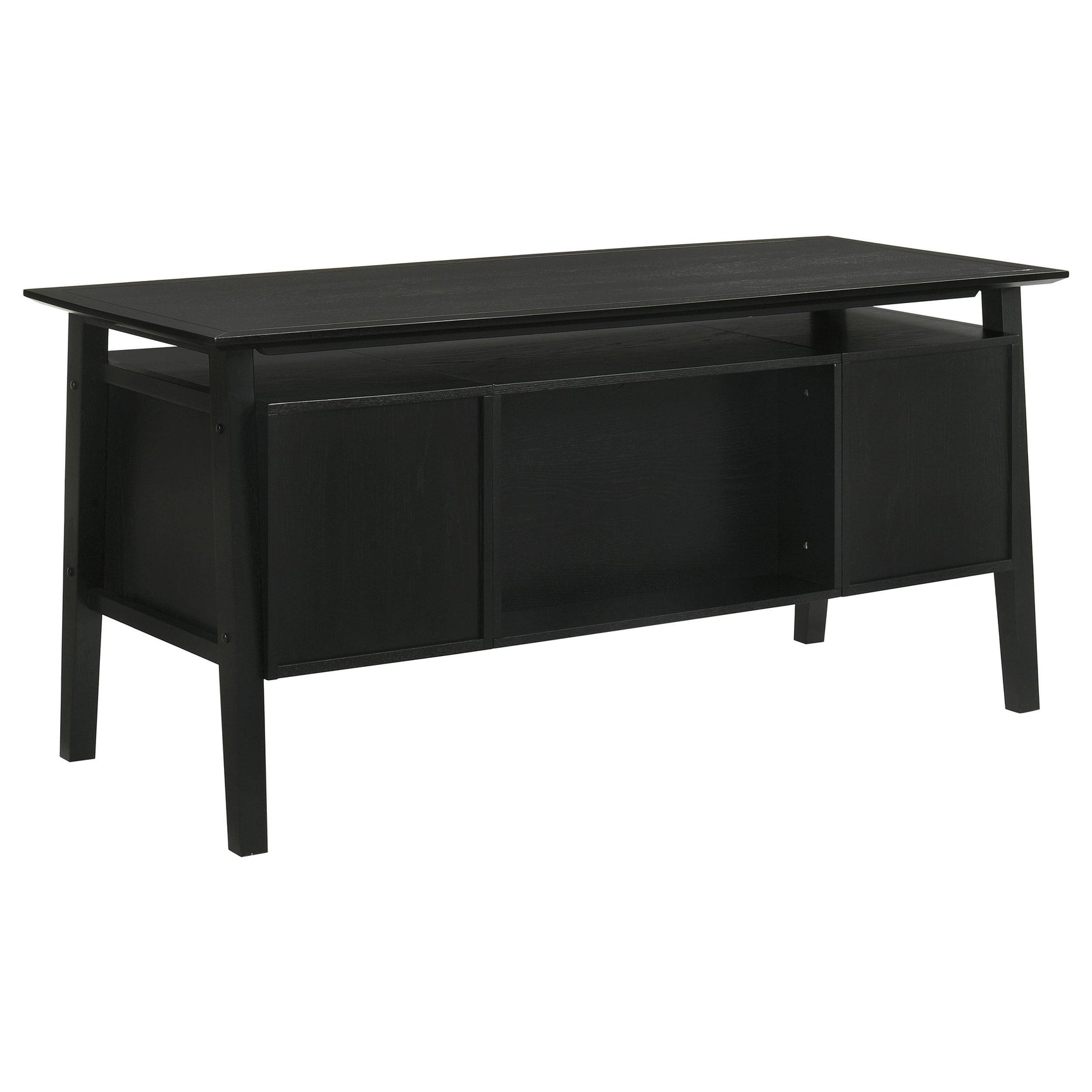 Full desk showing four drawers and open shelf