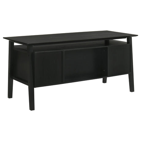 Full desk showing four drawers and open shelf